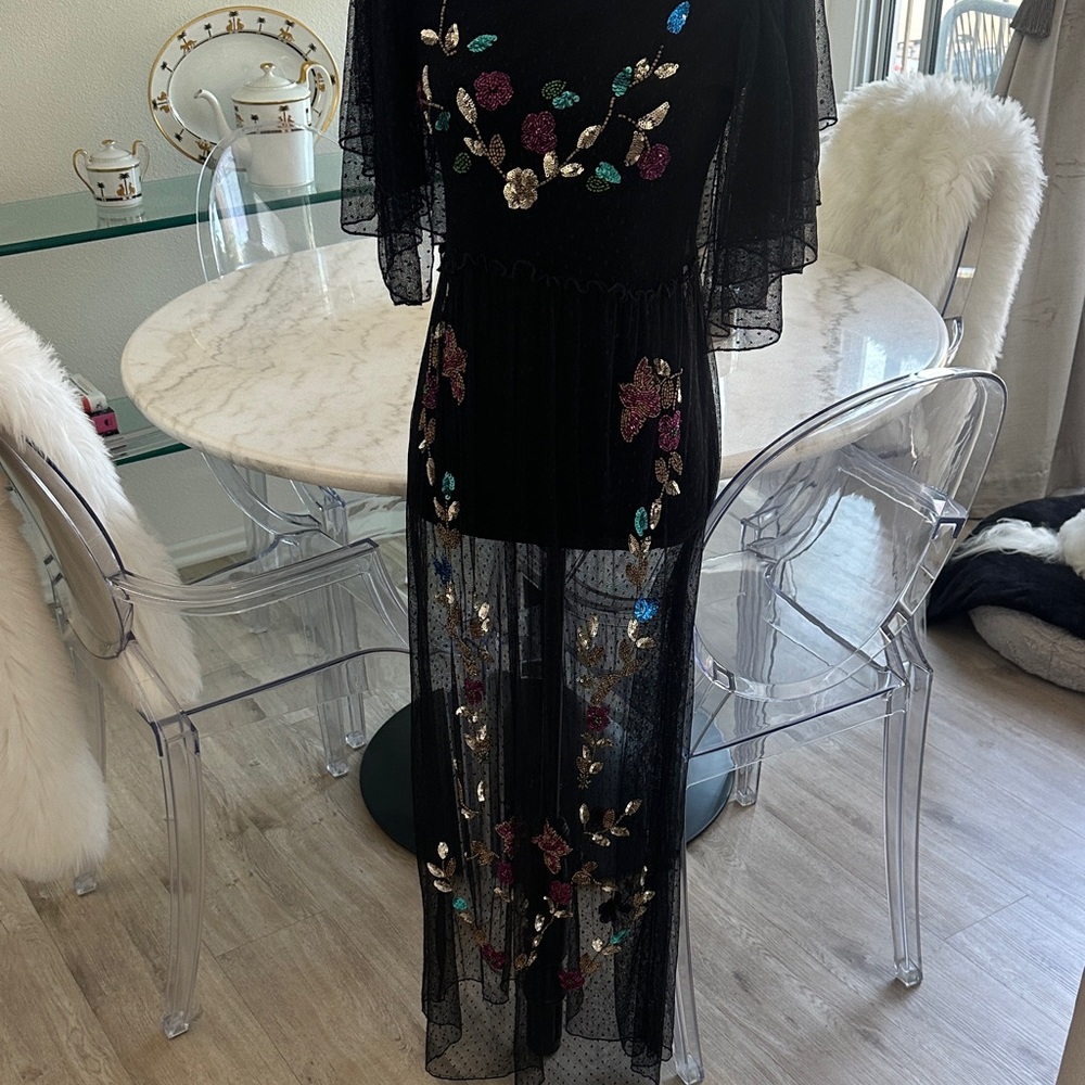 Free People Black Dress with Colorful Floral Embroidery